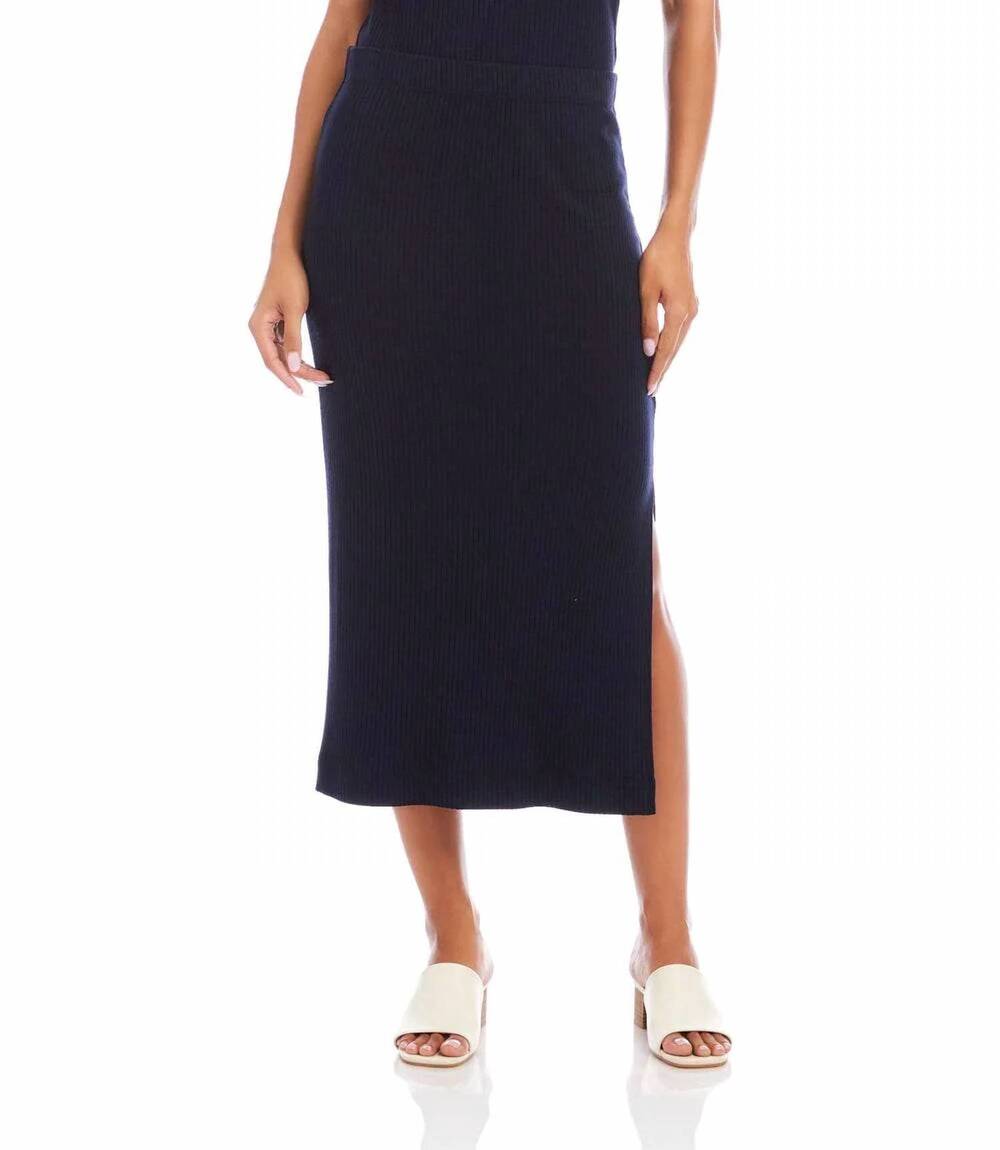 NEW KAREN KANE ribbed side-slit midi skirt in navy